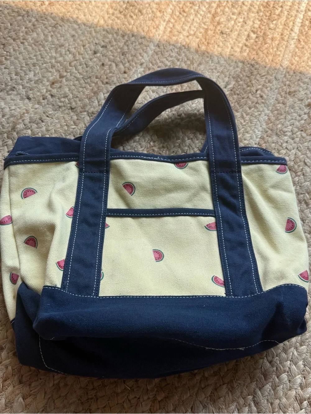 Canvas Tote Bag Cream Navy Blue Medium Watermelon Fruit Print Boat Beach Summer